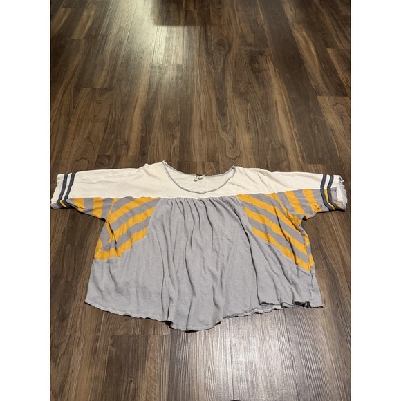 Free People Tops - Free People Womens Medium Gray Yellow Striped MVP Peplum Boho Oversized Linen